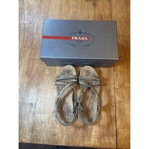 Prada Flat sandal Gold Snake Print Cork Women’s size 37 US 6.5 Vintage